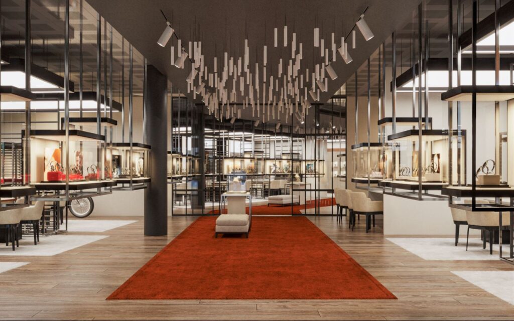 Commercial 3D rendering of the Windeshousen store designed with a red carpet on the floor that takes you to a tour of hanging counters