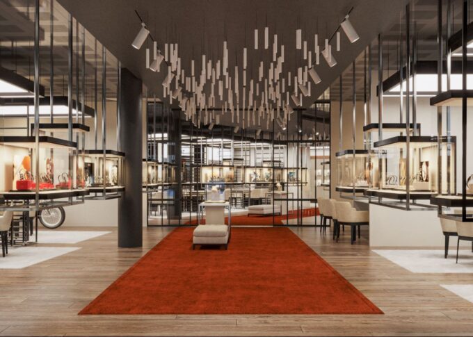 Commercial 3D rendering of the Windeshousen store designed with a red carpet on the floor that takes you to a tour of hanging counters