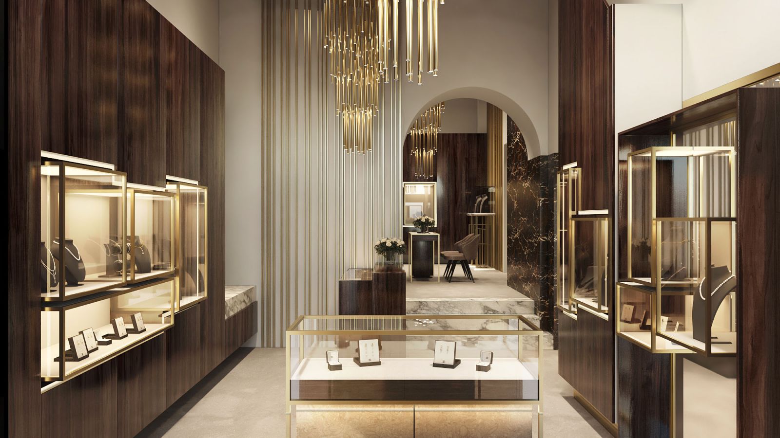 Showroom 3D rendering of the Jewelry stores elegant with wooden furniture, white walls and very good lighting