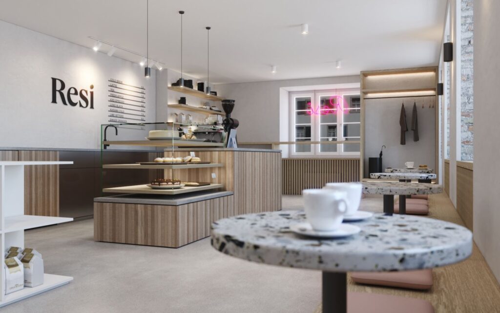 Commercial 3D rendering of the Resi Bar spacious and warm atmosphere thanks to the wooden furniture and the tones of the walls