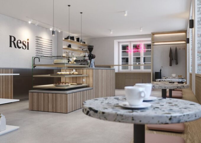 Commercial 3D rendering of the Resi Bar spacious and warm atmosphere thanks to the wooden furniture and the tones of the walls