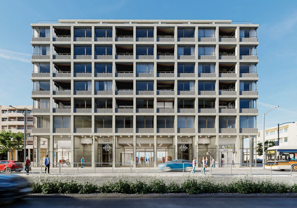 Commercial 3D rendering of the exterior at the Thonex designed with many windows so that the housing sector has a lot of natural lighting and the premises have large windows
