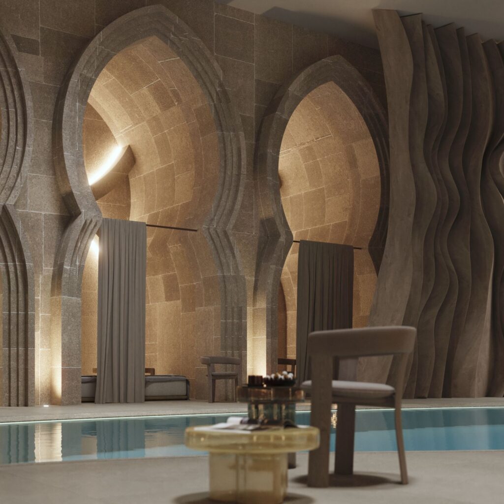 Commercial 3D rendering of the Spa in Doha with columns and walls designed with organic shapes, curtains and furniture made of brown materials