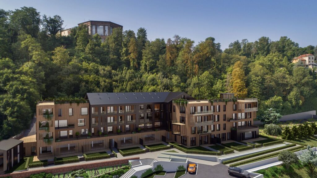 Urban 3D rendering of the Up town panoramic exterior view of the entire four-story building with a wooden facade