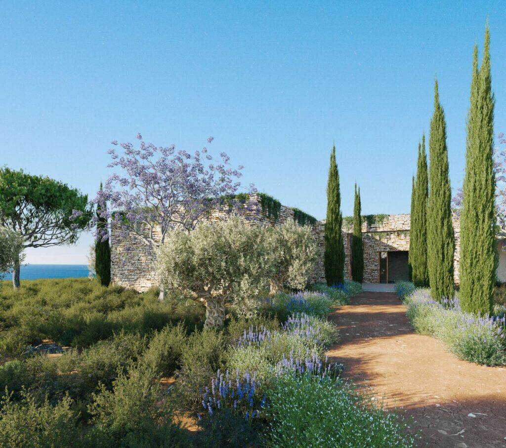 Exterior 3D rendering of the Family House path to the house, which has vines on the outside to blend in properly with the environment