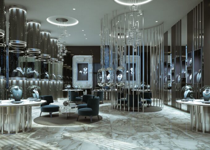 Interior 3D rendering of the Jewelry stores sales area designed to generate a feeling of freshness, as if standing under a waterfall