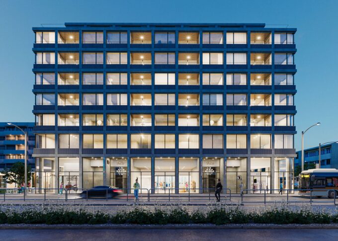 Exterior 3D rendering of the Thonex building at night, designed with plenty of interior light and striking, modern premises in the lower part of the building