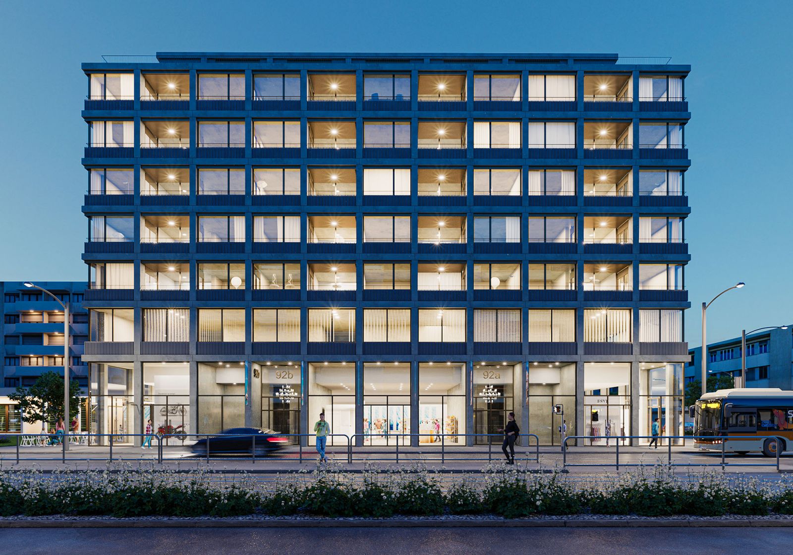 Exterior 3D rendering of the Thonex building at night, designed with plenty of interior light and striking, modern premises in the lower part of the building