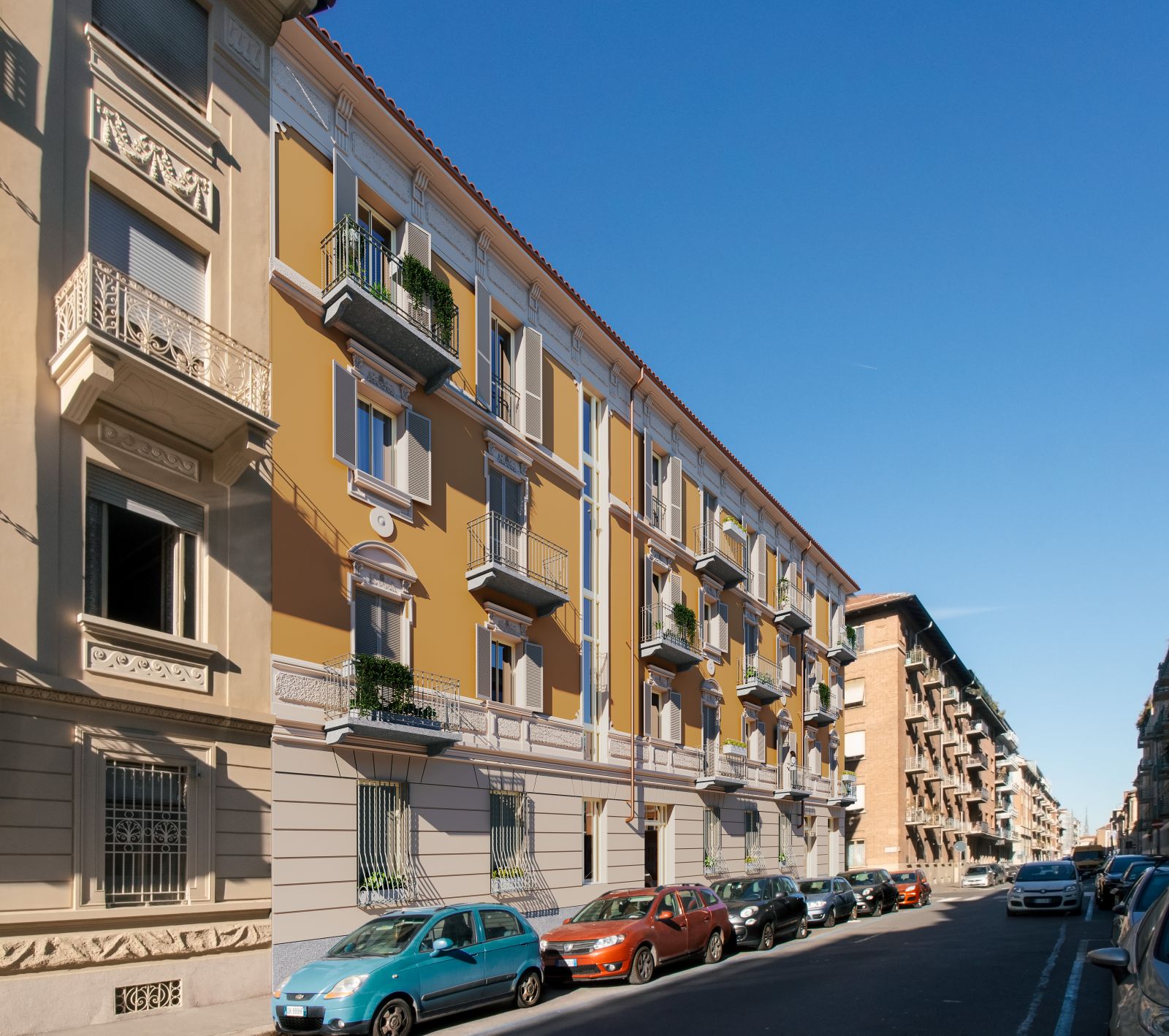 Urban 3D rendering of the Petrarca with a yellow-orange facade on the upper floors and white on the ground floor