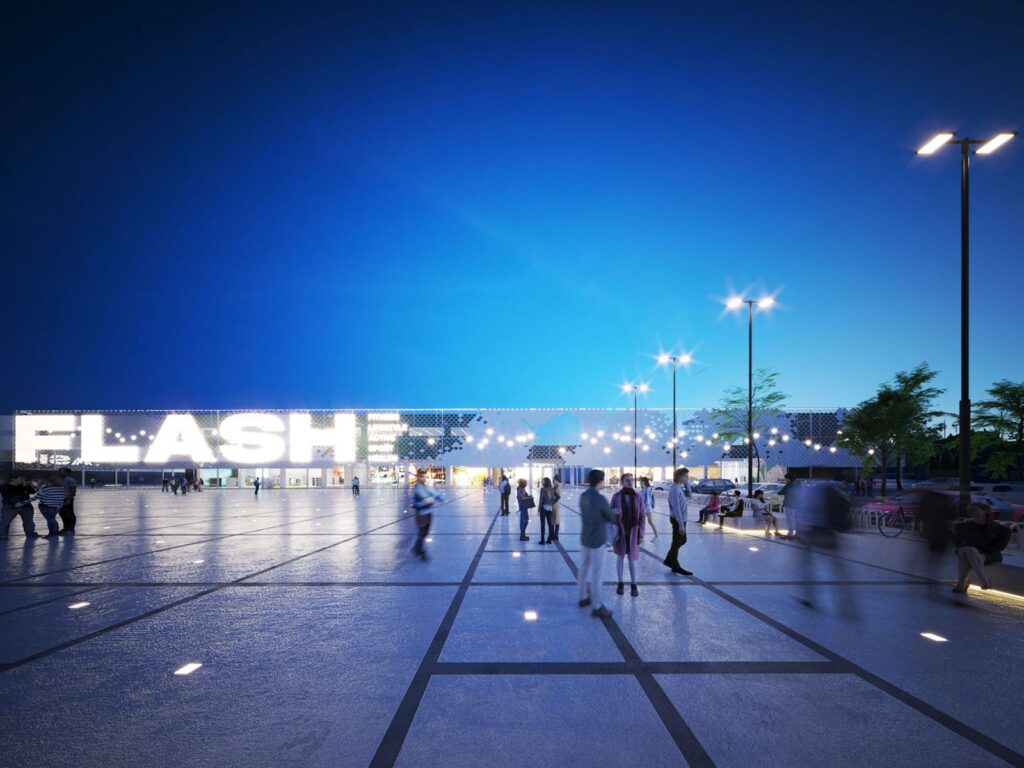 Urban 3D rendering of the Le Fornaci exterior where you can see the size of the building and the good lighting it has