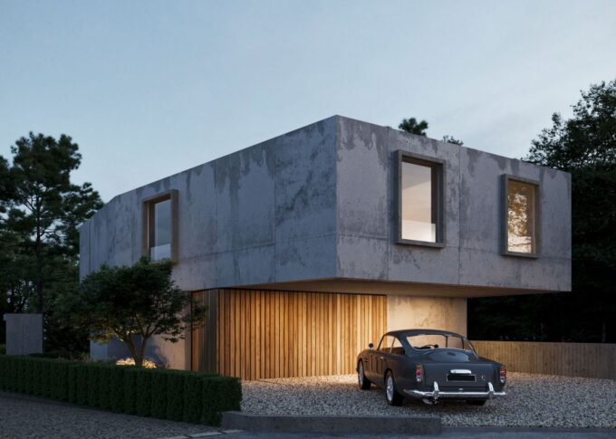 Exterior 3D rendering of the San Nazzaro with wood and concrete finishes, two large windows on the upper floor and a garage