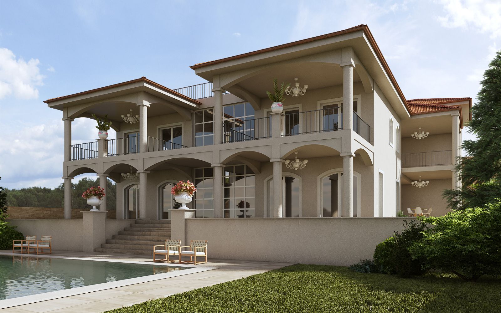 3D rendering of the family home located on a minusio, with a staircase leading from the house to the exterior, leading to the large pool