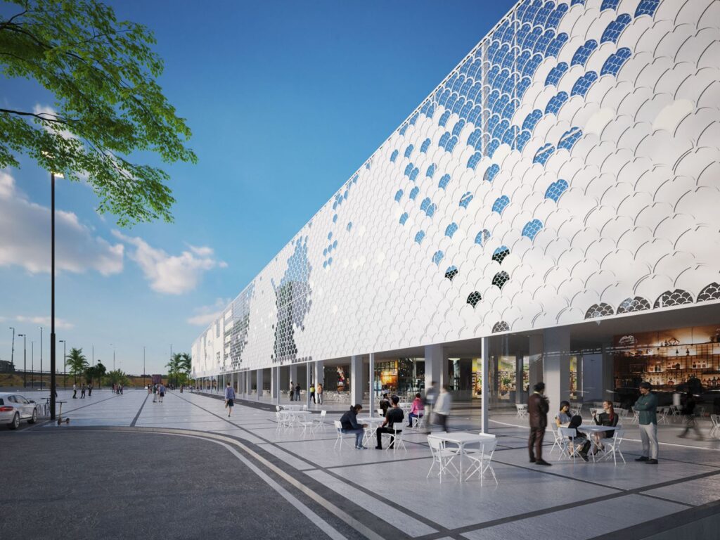 Exterior 3D rendering of the Le Fornaci metal exterior facade, with ground floor premises that have direct access to the street