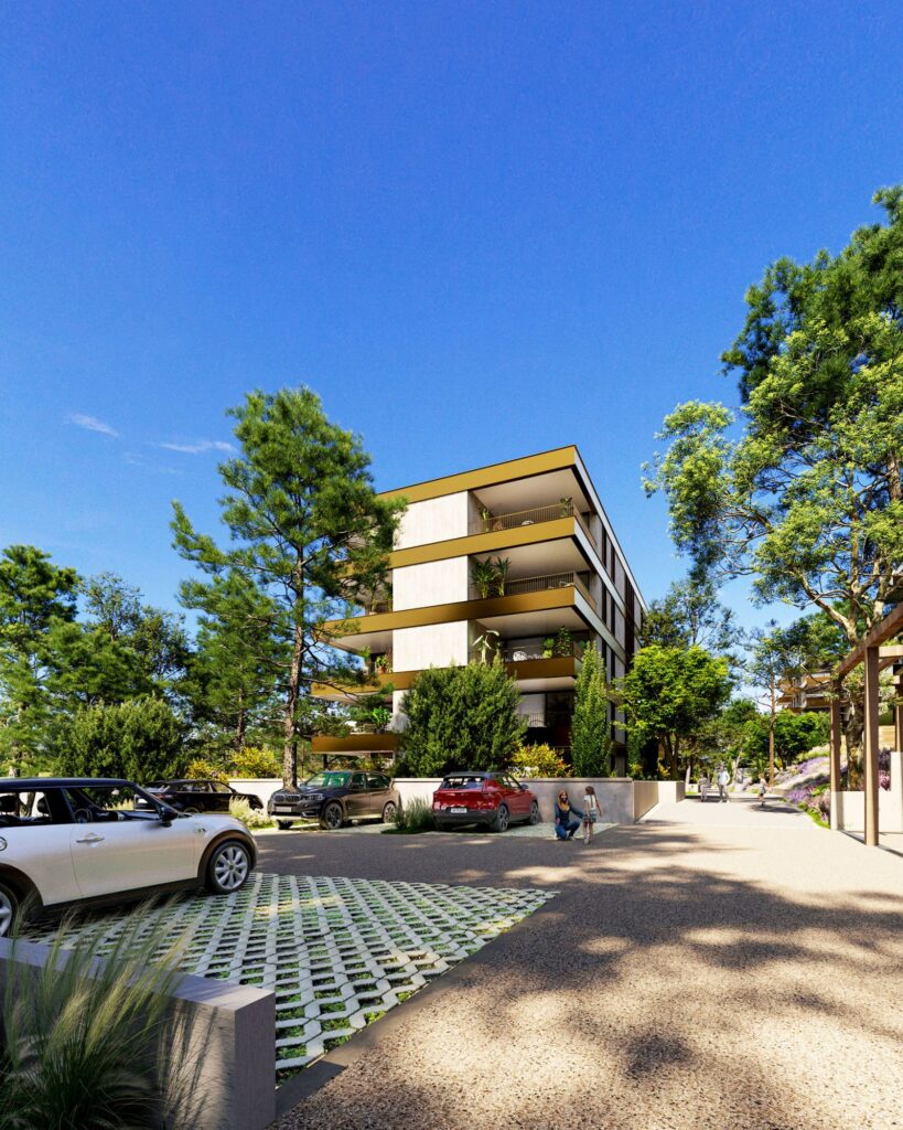 Exterior 3D rendering of the Quartier Sonnental facade with natural colors, large balconies and decorative plants, from the parking lot