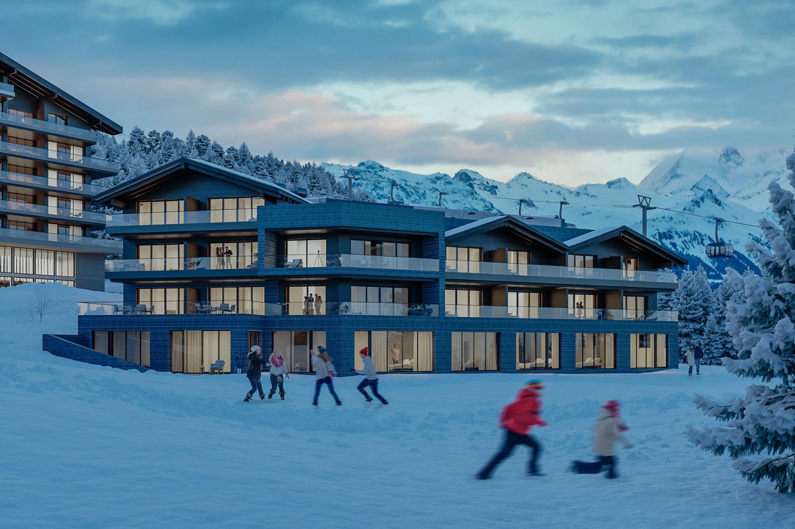 Exterior 3D rendering of the Six Senses hotel designed with many windows facing outside to have plenty of interior light and balconies