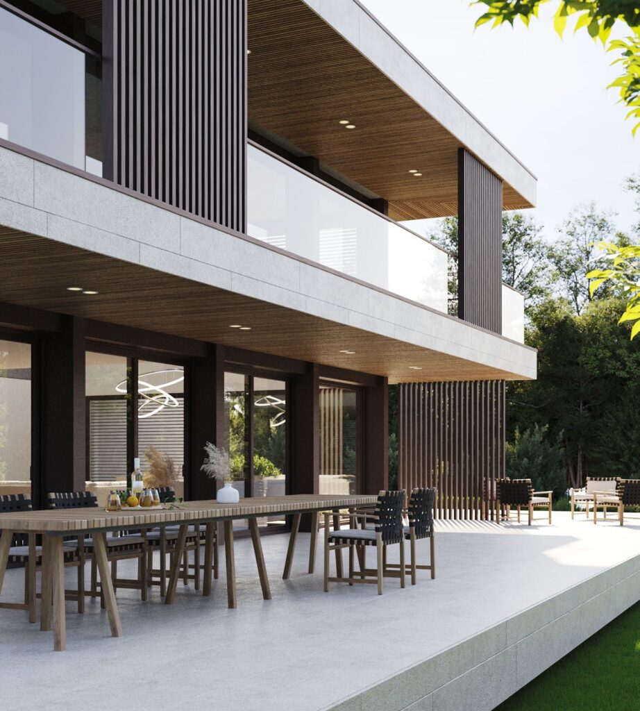 Exterior 3D rendering of the Casa Agretto with two floors, balconies with glass and wood finishes and outdoor furniture