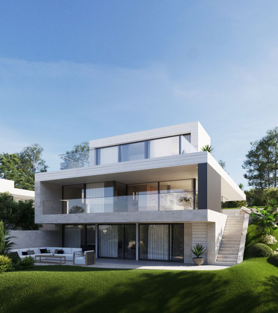 Exterior 3D rendering of the Two family house modern three-story white facade with large balconies, glass railings, and outdoor furniture