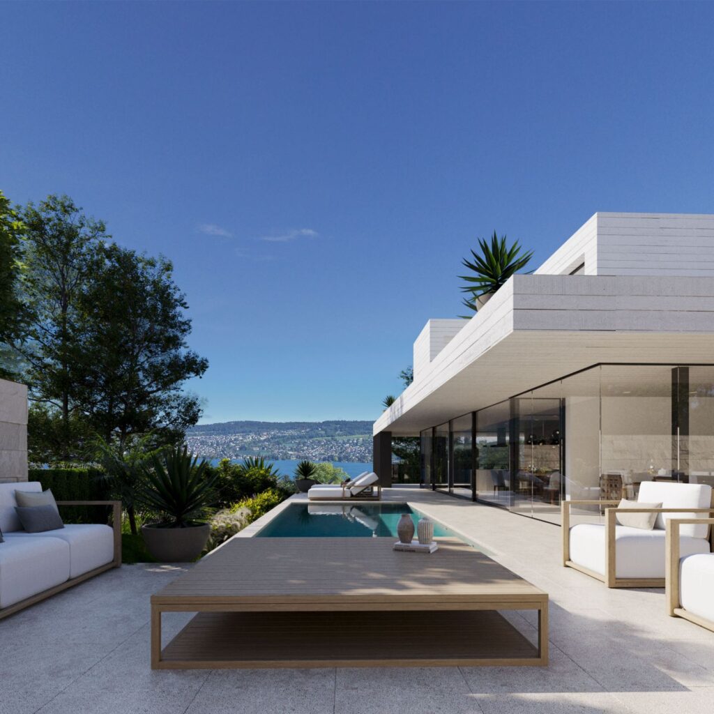 Exterior 3D rendering of the Two family house second floor, with a pool at the side of the house, outdoor furniture and large windows