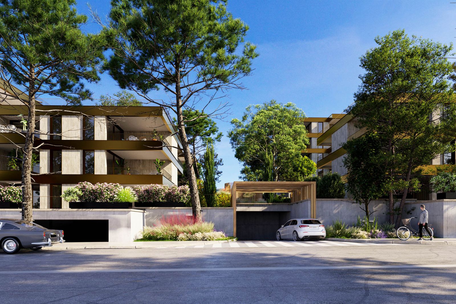 Exterior 3D rendering of the Quartier Sonnental facade of natural colors, so it integrates beautifully with the environment, which can be appreciated from its large balconies