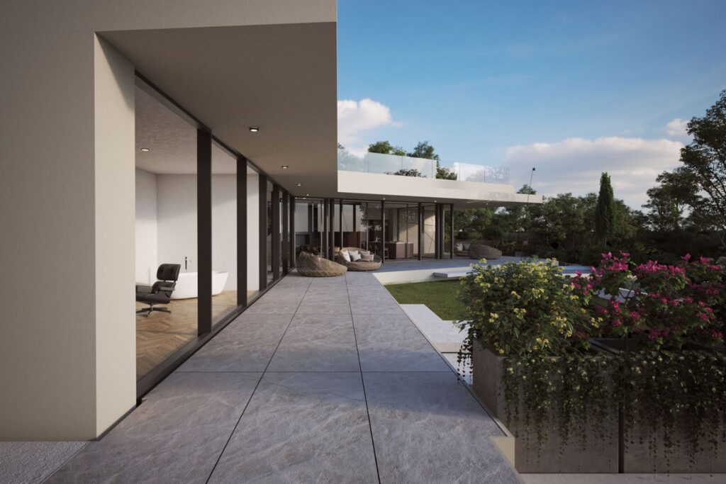 Exterior 3D rendering of the Villa with a minimalist and modern design at the same time, neutral colors and a park