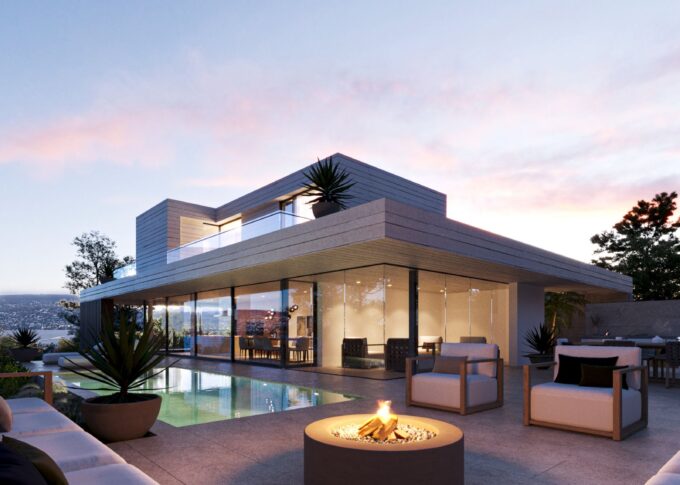 Exterior 3D rendering of the Two family house second-floor patio with pool and views of the landscape and the interior of the house thanks to the large windows