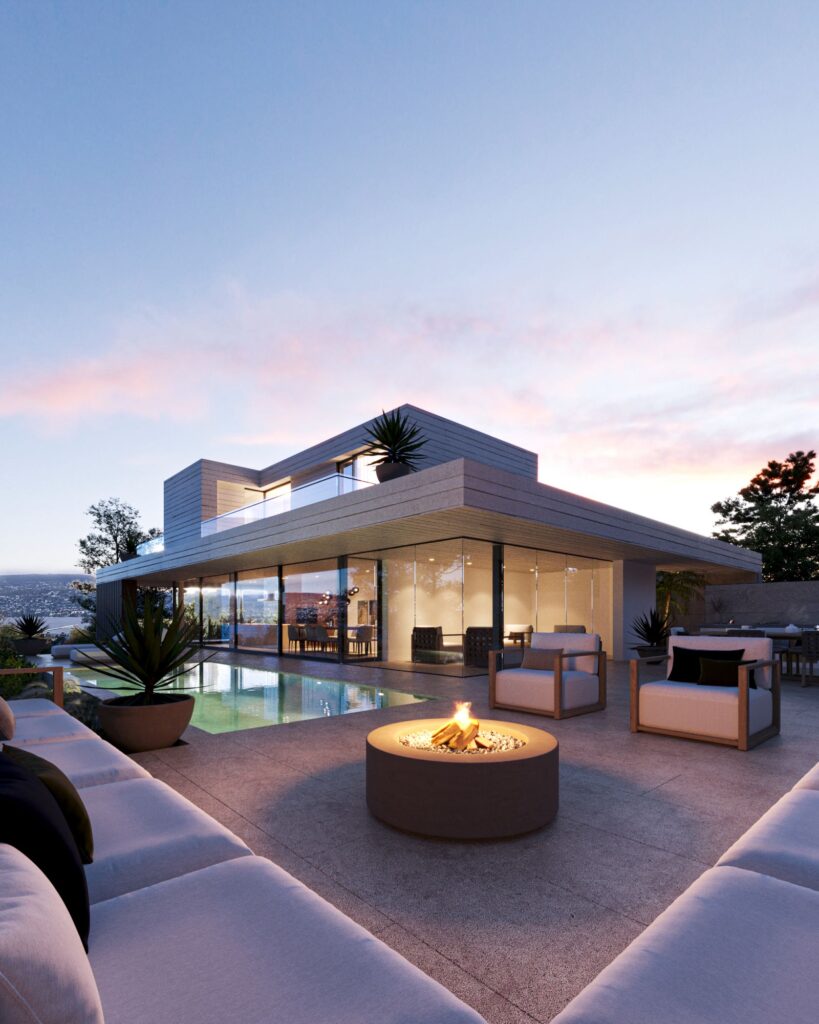 Exterior 3D rendering of the Two family house second-floor patio with pool and views of the landscape and the interior of the house thanks to the large windows