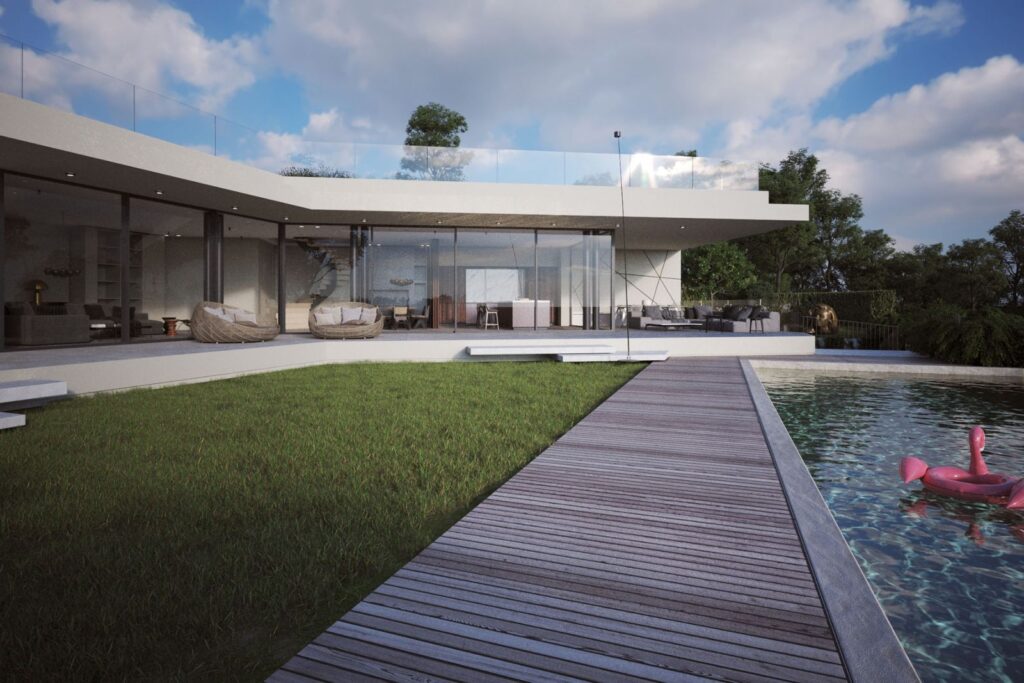 Exterior 3D rendering of the Villa designed with the ground floor having direct access to the pool through large windows and a terrace on the upper floor