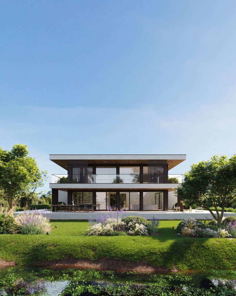 Exterior 3D rendering of the Casa Agretto with two floors, balconies that wrap around the entire upper floor, wood and glass finishes, and plenty of natural light inside