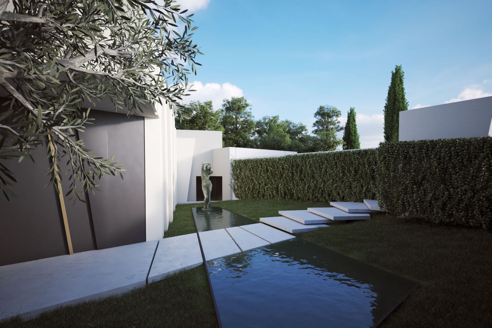 Exterior 3D rendering of the Villa with a path that connects to the environment through a fountain under the white tiles