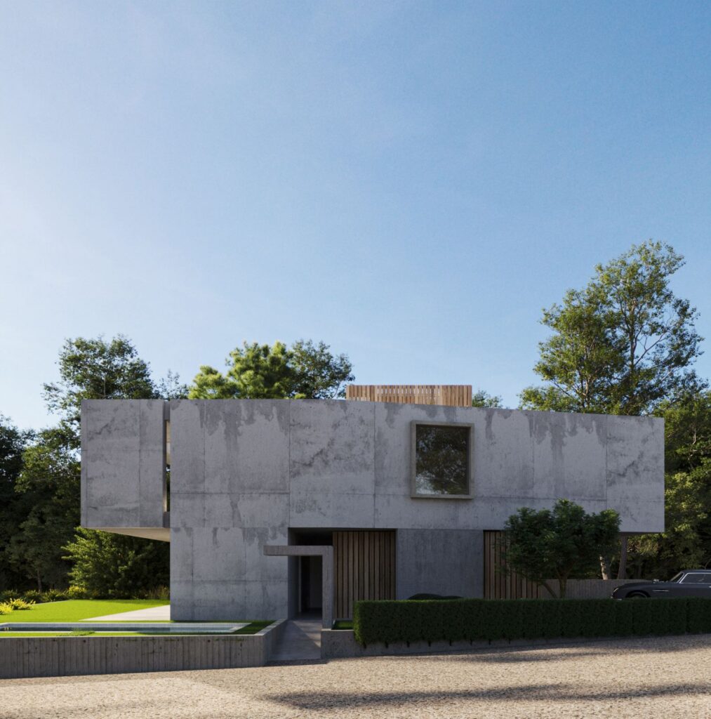 Exterior 3D rendering of the San Nazzaro which blends in with the environment, thanks to the wood finishes, and also has an outdoor pool