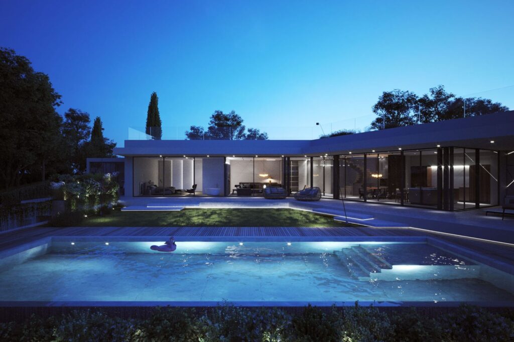 3D-Außendarstellung der Villa bei Nacht mit Lichtern im Pool und warmen Tönen im Gebäude