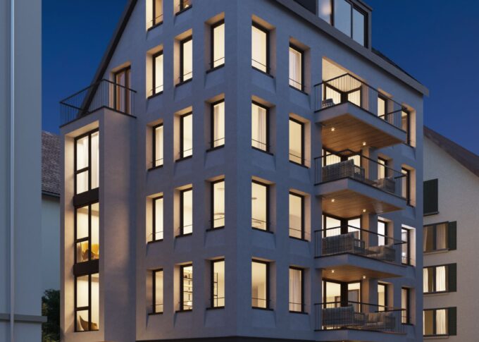 Exterior 3D rendering of the Multy-family building with six floors, a protruding section of the structure and many windows