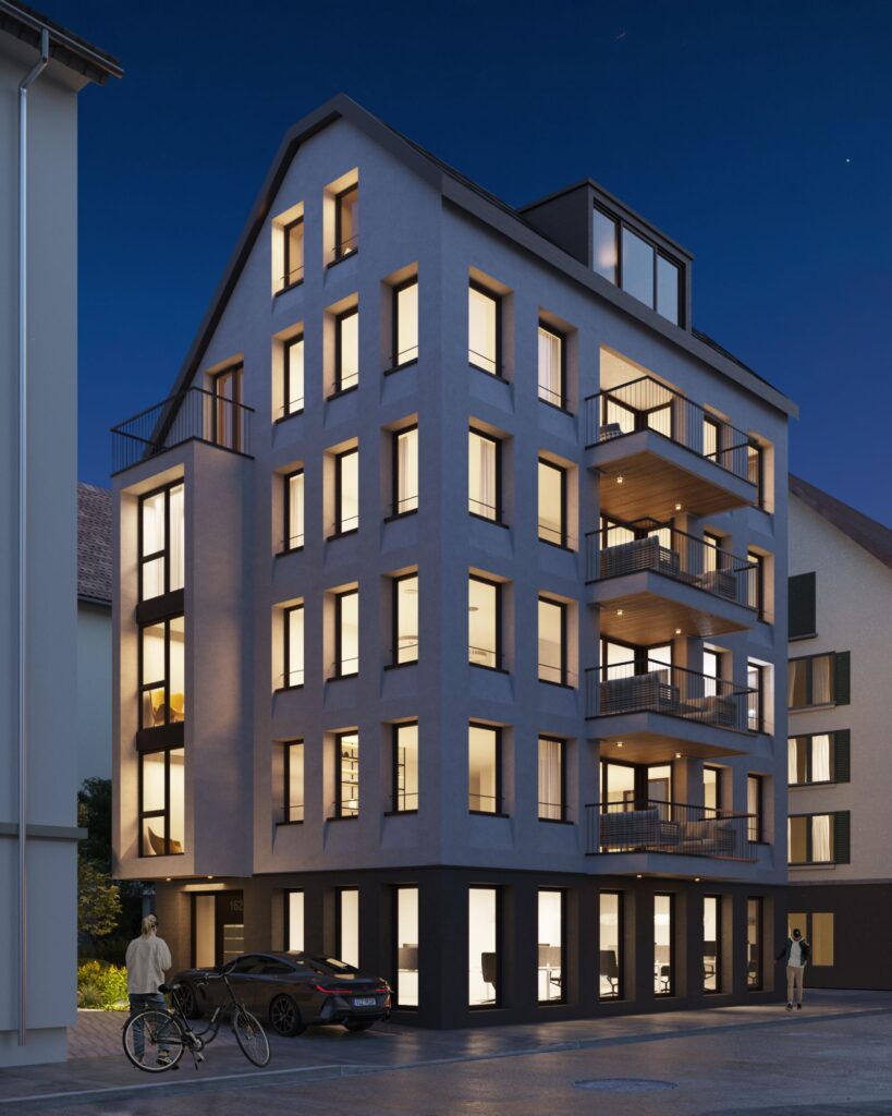 Exterior 3D rendering of the Multy-family building with six floors, a protruding section of the structure and many windows