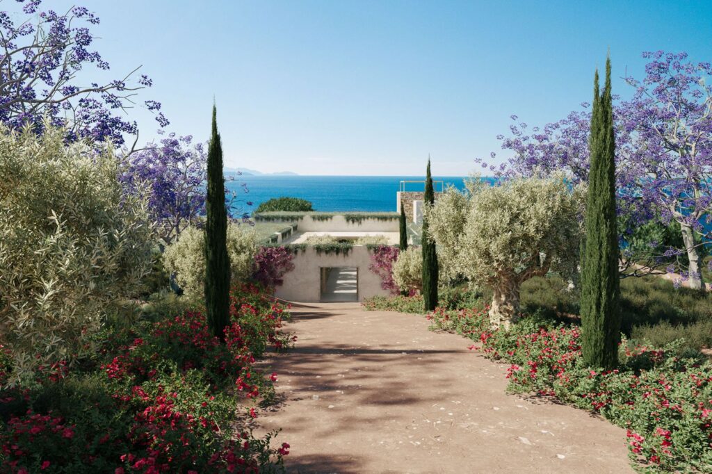 Urban 3D rendering of the Family House path to the entrance of the house with lots of vegetation around and an incredible view