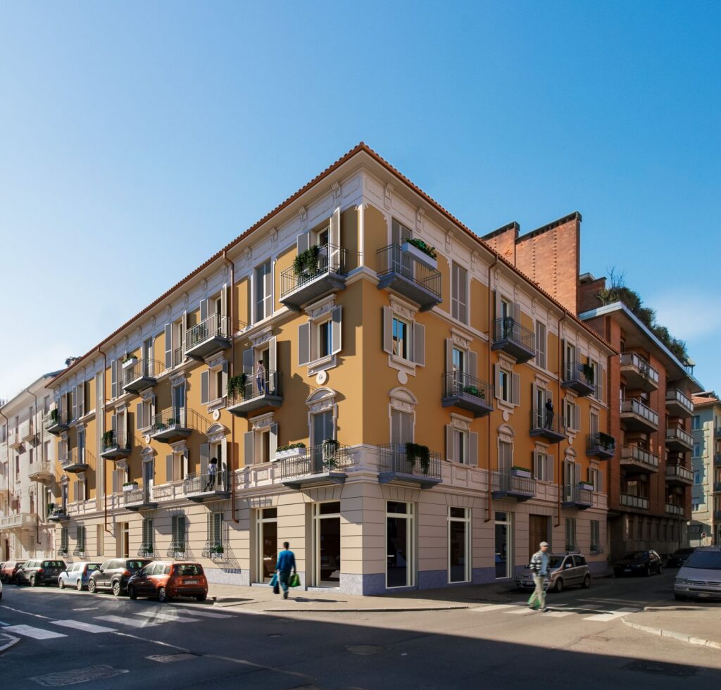 Exterior 3D rendering of the Petrarca orange-yellow facade, with many windows and balconies