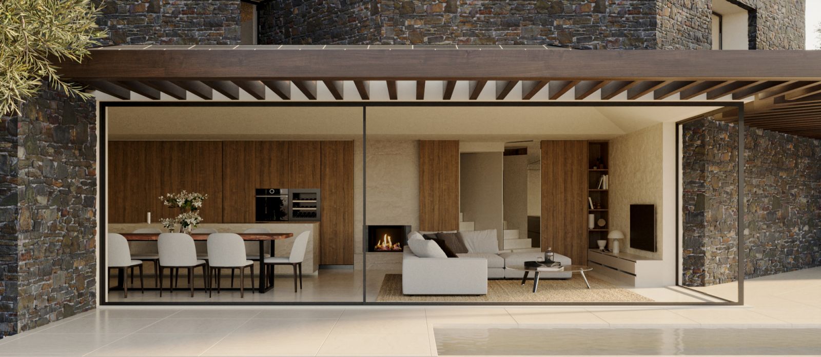 3D-Außendarstellung der beiden Häuser. Außenansicht der Gemeinschaftsbereiche des Hauses, die geschlossen sind und nach außen gerichtete Fenster haben, um viel natürliches Licht zu erhalten