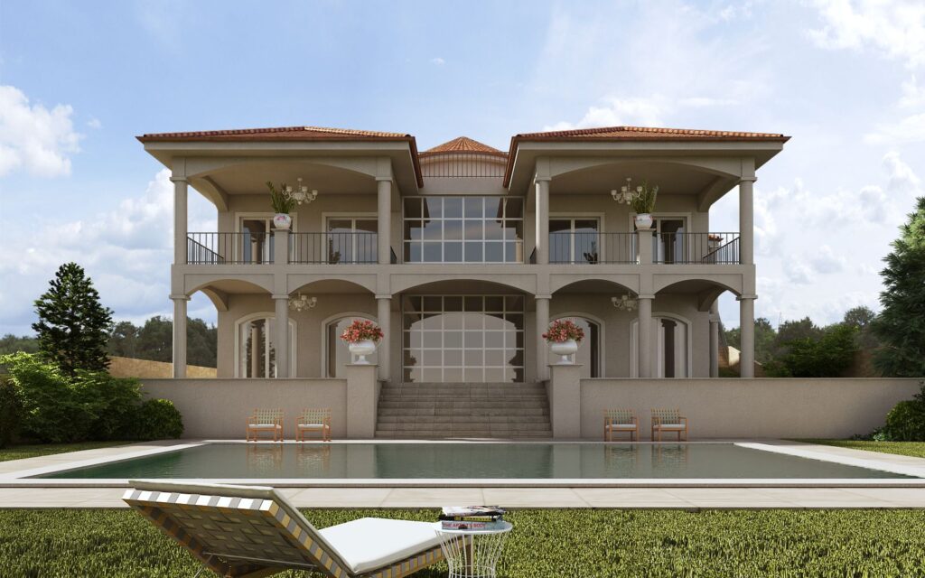 3D rendering of the family home located in Minusio, with large windows overlooking the exterior and a pool