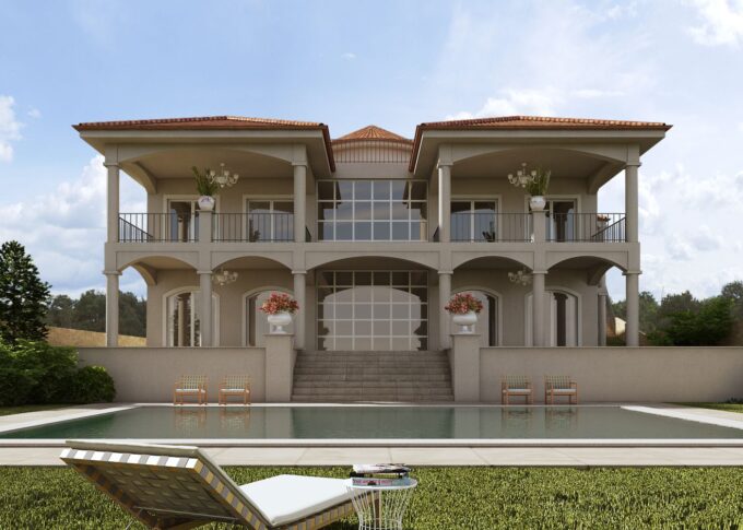 3D rendering of the family home located in Minusio, with large windows overlooking the exterior and a pool