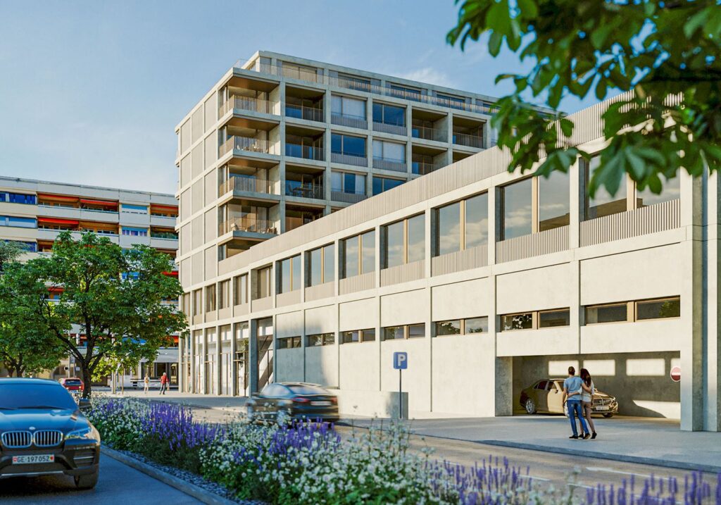Exterior 3D rendering of the Thonex building with garage, balconies and a modern structure
