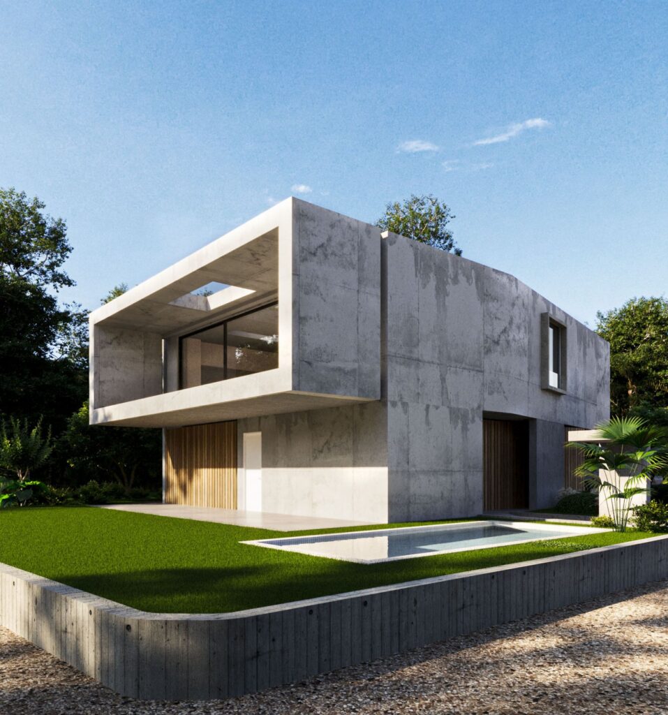 Exterior 3D rendering of the San Nazzaro front with a large balcony, windows, concrete and wood finishes and a pool