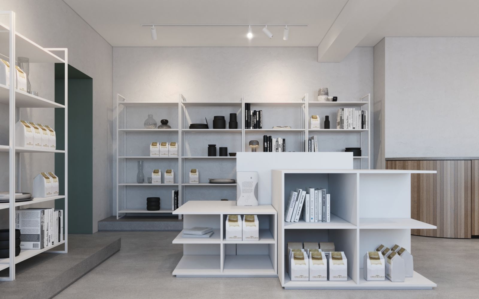 Furniture 3D rendering of the Resi Bar modern market, with white shelves of different sizes and shapes