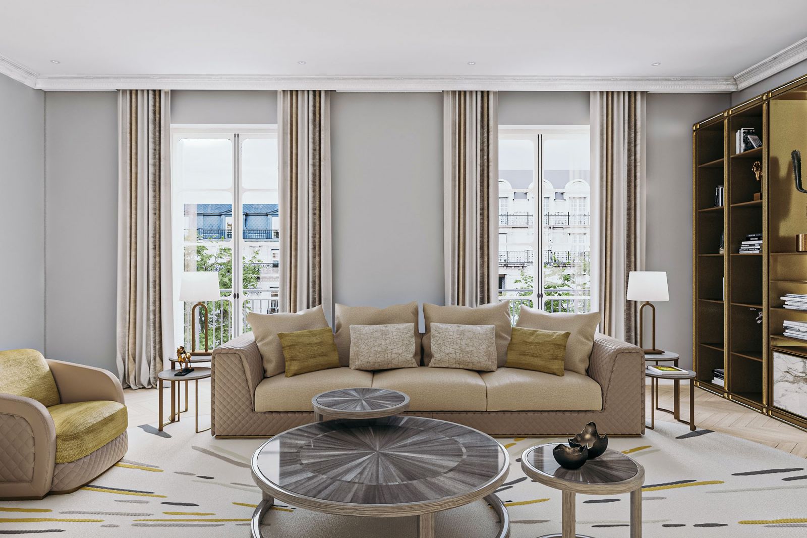 Furniture 3D rendering of the George Mandel modern in light colors, upholstered with textures and colors that stand out