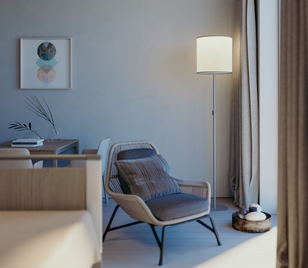 Showroom 3D rendering of a tall floor lamp, with a silver metal base and a cream-colored screen