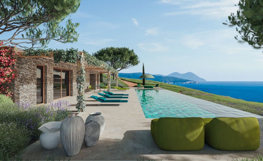 exterior 3D rendering of the Family House Internal patio with a pool that has a wonderful view, modern armchairs and a semi-covered space