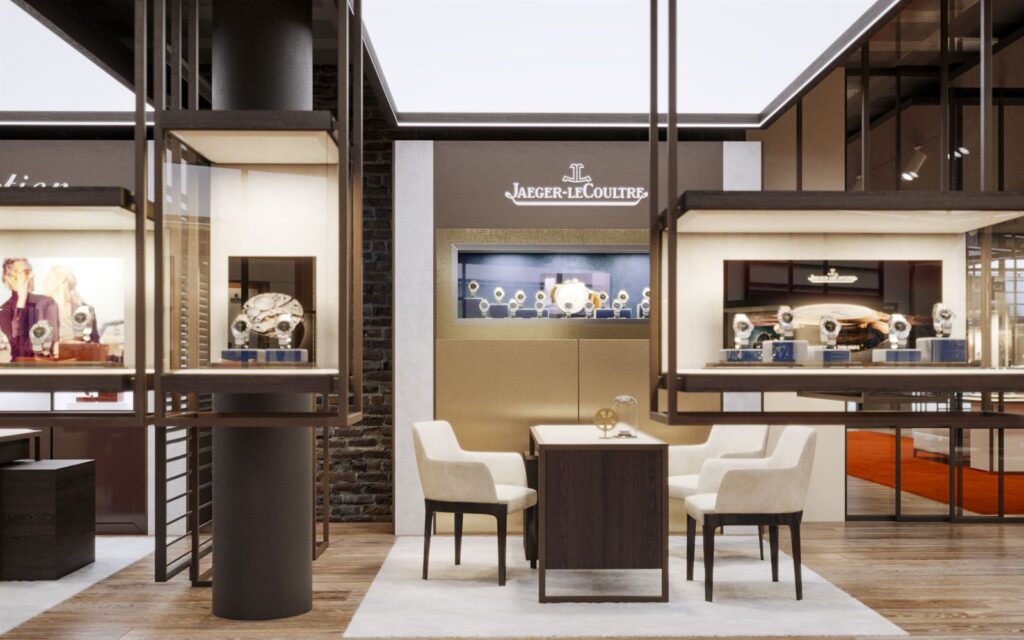 Industrial 3D rendering of the Windeshousen store designed with luxurious wooden counters hanging from the ceiling