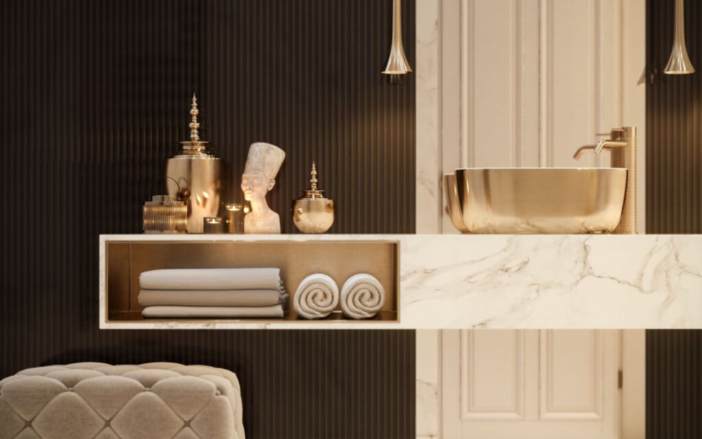 Interior 3D rendering of the Luxury apartment bathroom with black walls, warm lights and marble countertops