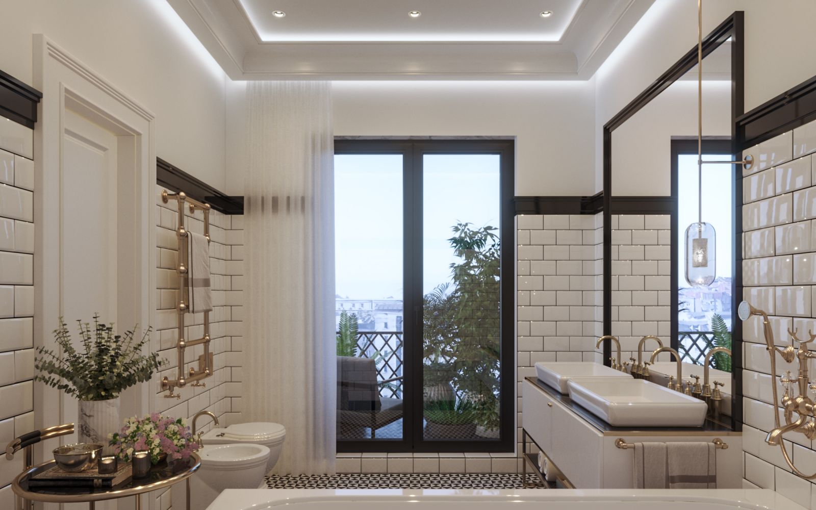 Interior 3D rendering of the Multy family building bathroom with glossy white tiles, natural light and plenty of space