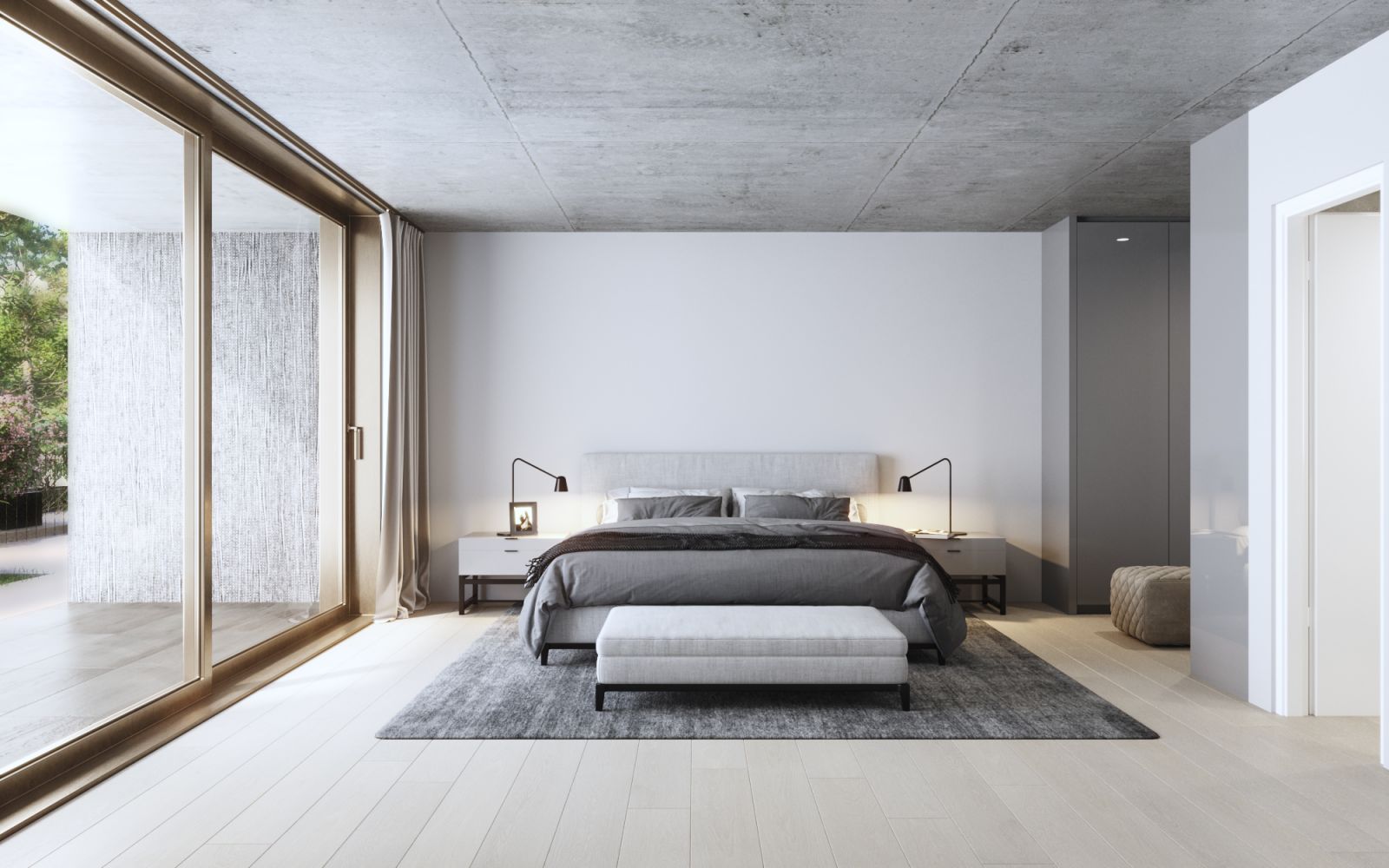 Interior 3D rendering of the Quartier Sonnental bedroom with a very marked minimalist style, with few colors and all neutral, a large window and exposed concrete walls