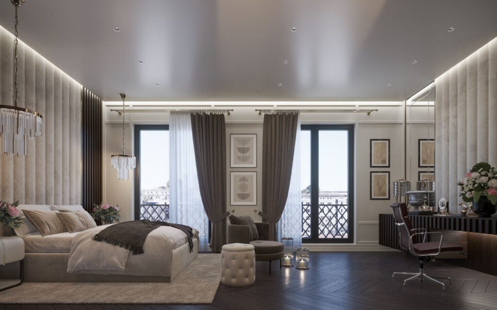 Interior 3D rendering of the Multy family building very spacious bedroom, with natural light, modern style and light tones in the furniture