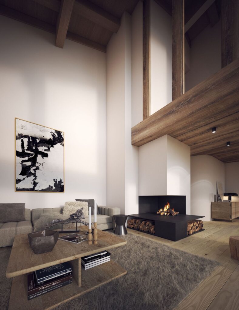 Residential 3D rendering of the Chalet rustic-style living room with a modern fireplace, gray armchairs, and hardwood floors